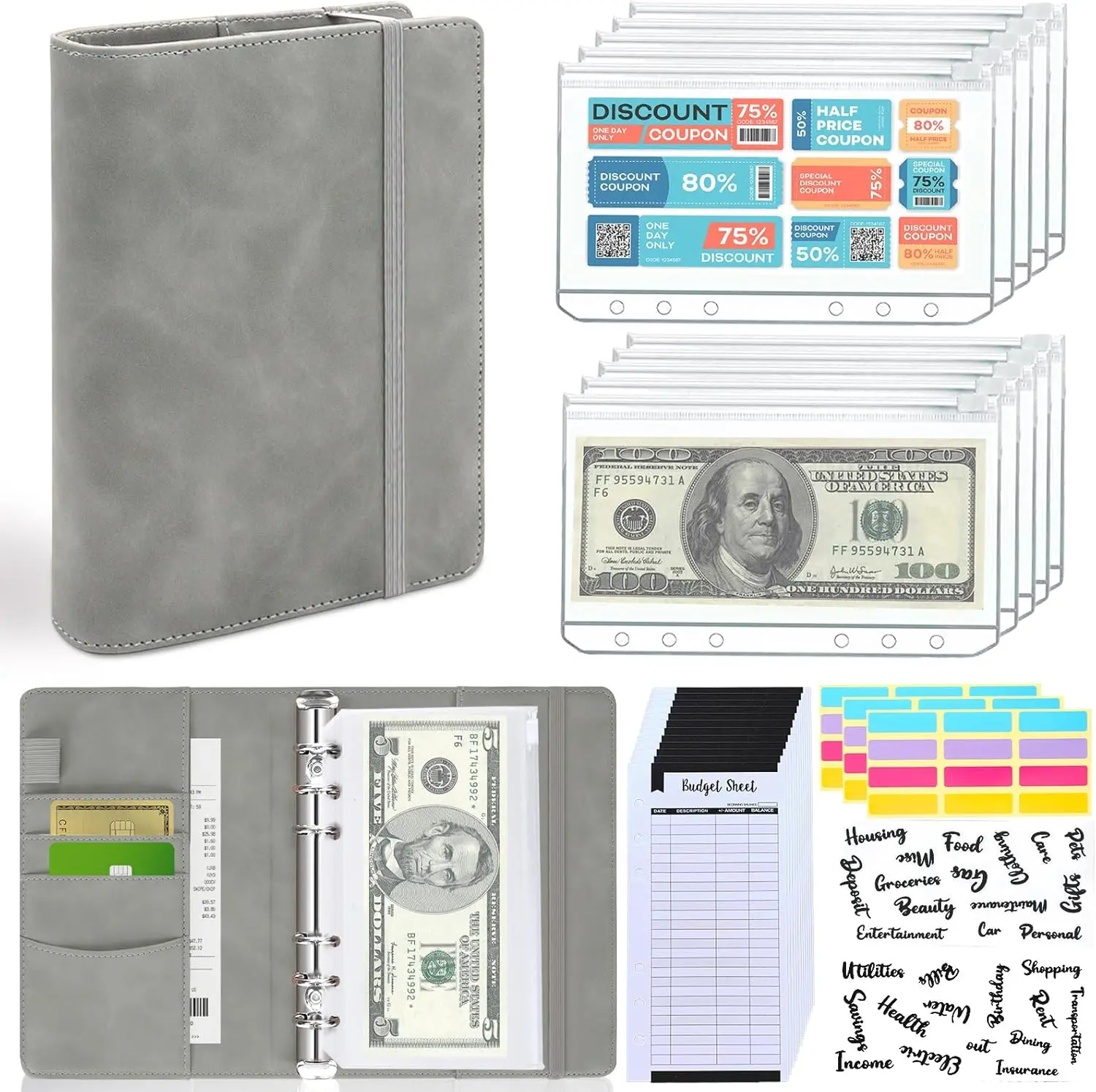 Budget Binder with Zipper Envelopes, Budget Book with Cash Envelopes, Premium Pu Leather A6 Binder with Expense Budget Sheets and Stickers, Savings Binder for Budgeting (Gray)