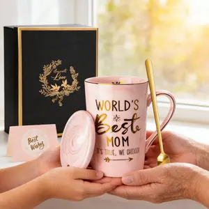 Mothers Day Gifts for Mom 14oz Reusable Ceramic Mug with Gold Print Pink Marble Design Elegant Gift Box Perfect Birthday Valentine's day gift Present for Gradama Wife