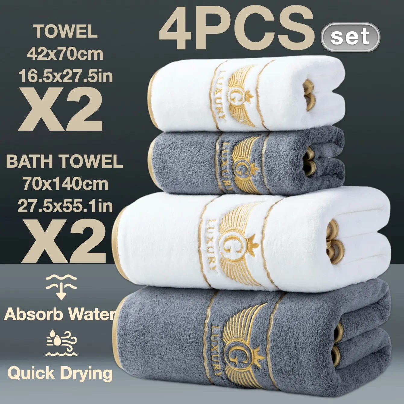 4-Piece Gold Thread Embroidered Bath & Hand Towels Set, Quick-Dry Super Absorbent Microfiber, Modern Simple Bathroom Essentials