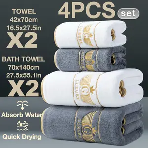 4-Piece Gold Thread Embroidered Bath & Hand Towels Set, Quick-Dry Super Absorbent Microfiber, Modern Simple Bathroom Essentials