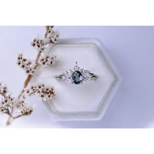 Rhodium Plated Silver Dainty Alexandrite Ring Set, 1ct Oval Cut Alexandrite Ring Set, Silver Ring Unique Curved Marquise Cut Ring Set