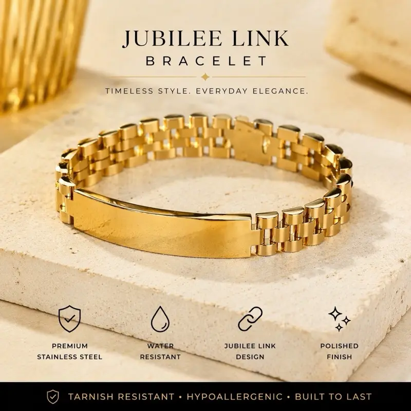 Sol del Caribe Men's Gold-Plated Stainless Steel Bracelet, Elegant Jubilee Link Design with Nameplate, Water Resistant & Hypoallergenic
