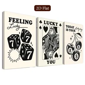 3 Piece Framed Lucky Day Wall Art Set, Poker Card Canvas Print, Vintage Style Poster, Modern Home Decor, Elegant Indoor Wall Art