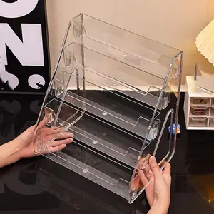 5-tier bookmark display rack with stepped dustproof storage. Portable sticker holder for supplier events and retail. Transparent display rack for greeting cards, postcards and brochures