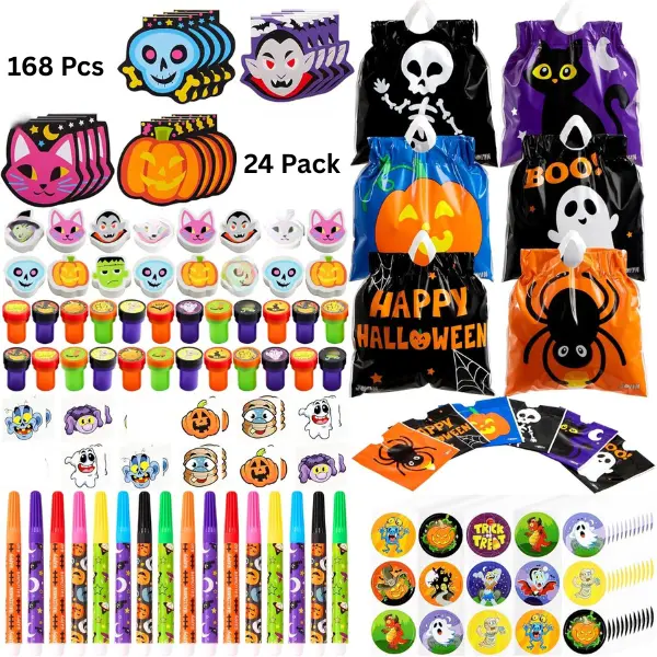 Halloween Fall Gift 168 Pcs 24 Pack Assorted Halloween Art and Craft Stationery Kids Gift Set Trick or Treat Party Favor Toy Including Halloween Bag, Notepads, Stamps, Coloring Marker, Stickers and Temporary Tattoo