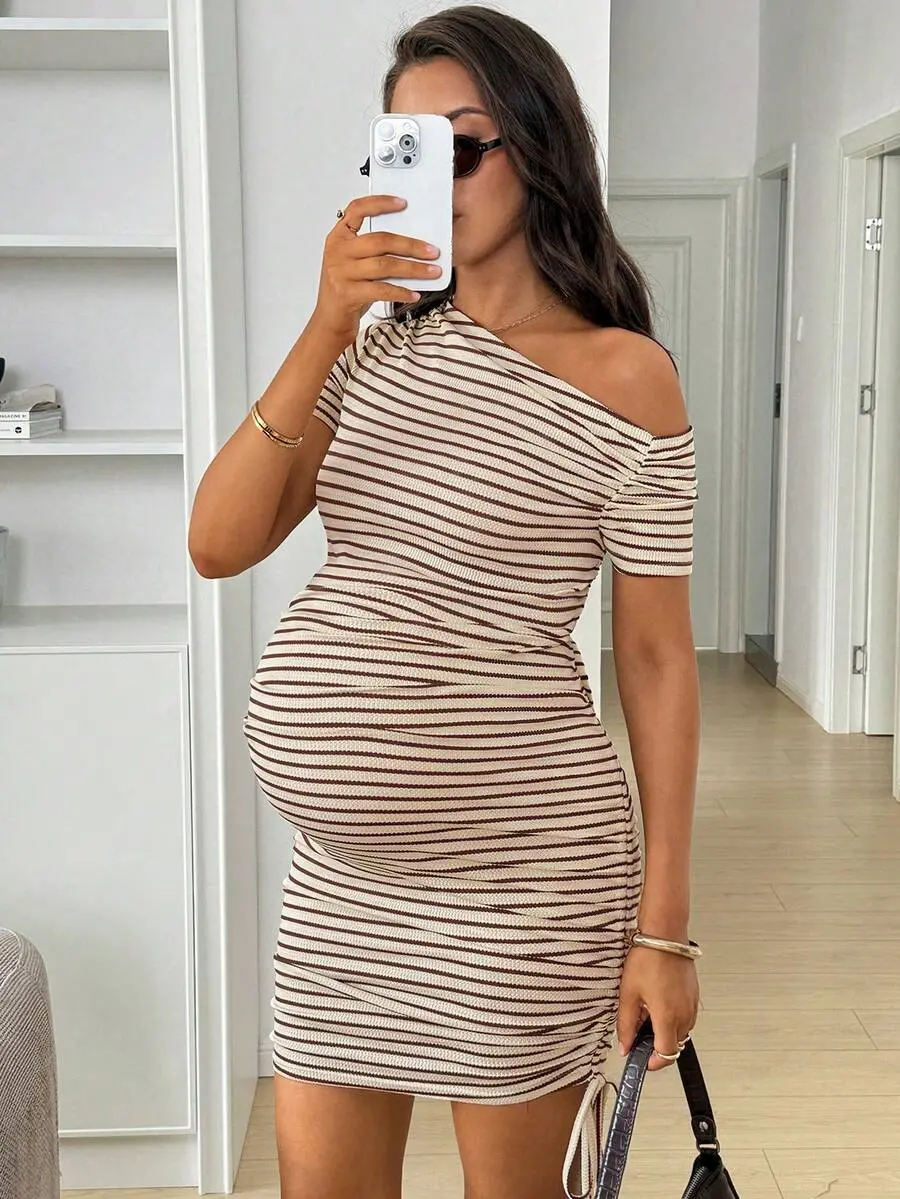 ROSY x  Maternity Striped Bodycon Summer Dress,White Casual Sequin Maternity Photoshoot Outfits, Off-Shoulder Ruffles