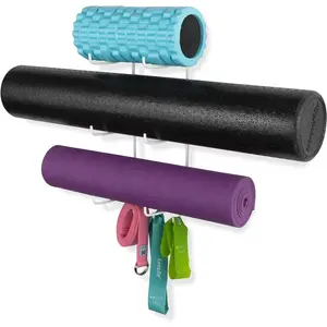 Guru Yoga Mat Holder Wall Mount with 3 Hooks for  Yoga Strap, Resistance Bands, 5-Sectional Metal