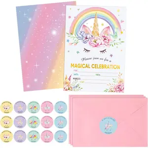 24 Pack Unicorn Birthday Invitation for Girls Boys Party Invitation Card 24 Envelope 30 Rainbow Sticker Labels for Birthday  Shower Party Supplies