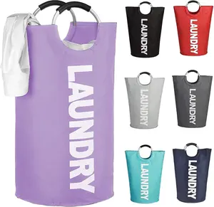 90L Large Collapsible Laundry Basket with Padded Handles, Heavy Duty Oxford Fabric Laundry Hamper Tall Laundry Bag Foldable Laundry Bin Storage Organizer for  Bedroom College Dorm-Purple