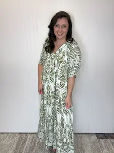 Green Two-Tone Border Print Midi Dress by Umgee