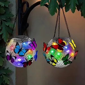 Solar-Powered Hanging Lantern, Butterfly Decorative Handheld Lamp, Retro Iron Tennis Lamp, Hollow-Out Outdoor Lantern for Garden & Patio, Perfect for Terrace, Yard, Camping & Outdoor Decoration