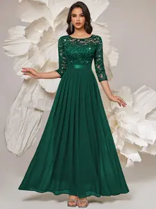 MIUSOL 24268A Elegant Sequin Floral Lace 3/4 Sleeve Pleated Hem Chiffon Formal Prom Party Maxi Dress