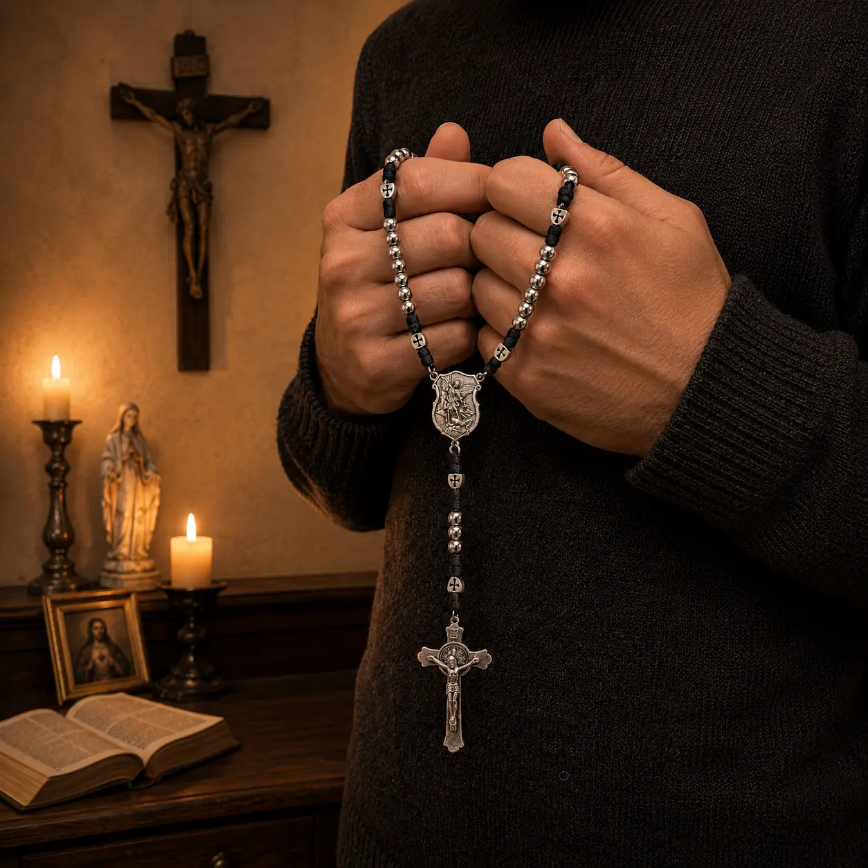Catholic Rosary with Crucifix Pendant for Men, Silver Tone Beaded Paracord Rosary, Christian Faith Item for Prayer, Wearable Religious Piece for Prayer, Reflection, Daily Devotion & Religious Gift, Father's Day Gifts, Mens Gifts