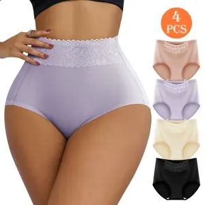 QUASTI 4-Piece Elegant High-Waisted Lace Breathable Women's Panties, Lace Trim Design, Elegant Solid Color, Soft, Comfortable Against the Skin, Super Comfortable, Seamless Sizes S-XXL
