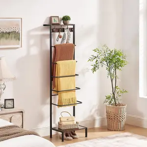 7 Tier Blanket Ladder for The Living Room and Bedroom, 5.12 Ft Farmhouse Ladder Shelf with 2-Tier Storage Rack, Decorative Ladder with 4 Coat Hooks, Blanket Rack,Ladder Shelves