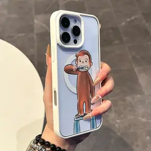 Magnetic Compatible Case for iPhone 16 E Pro Max 15 Plus 14 13 12 11 XS XR, Kawaii Curious George Brushing Pattern | Lightweight, Shockproof, Silicone, Aesthetic, and Scratch Resistant