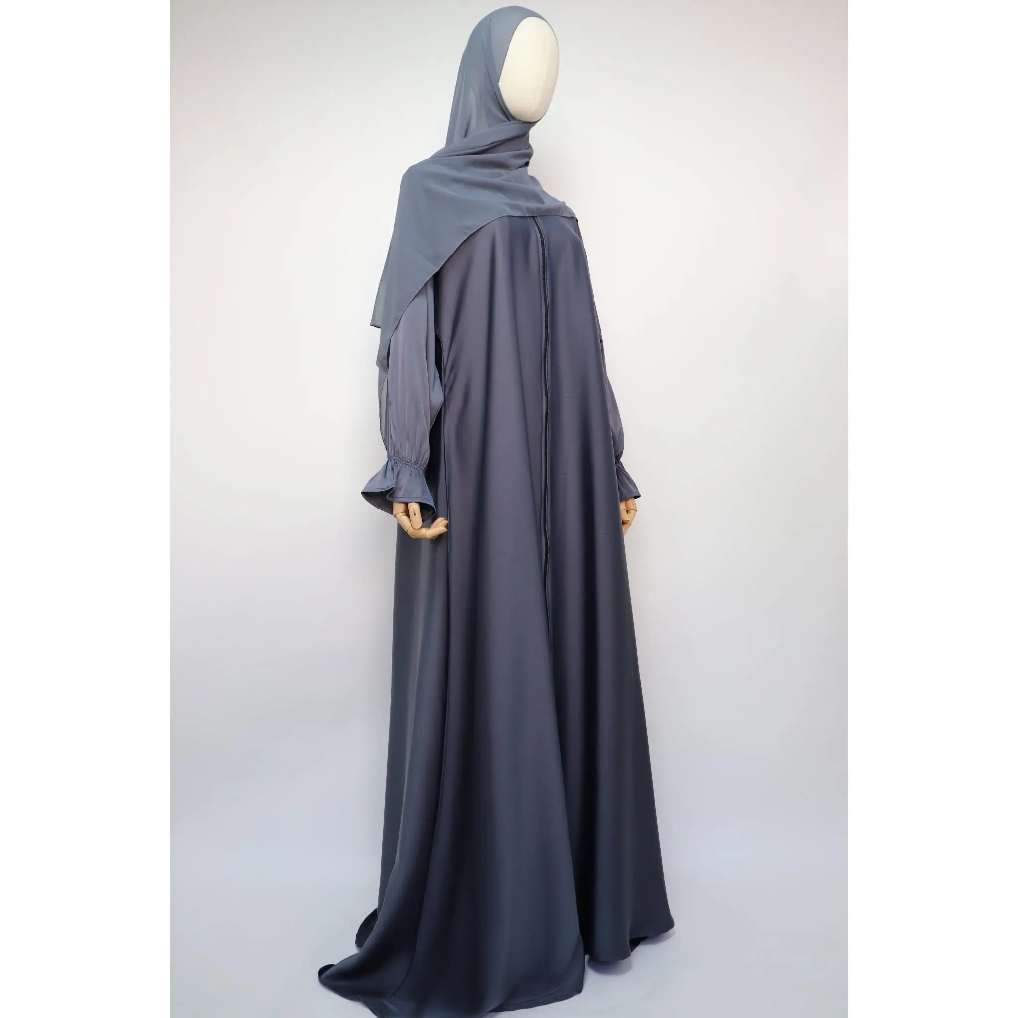 Full Zip Semi Flare Crinkle Abaya - Bluish Gray