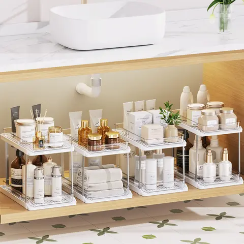 4-Pack Acrylic Rectangular White 2-Layer Multi-Purpose Pull Out Organizers with Adjustable Movable Dividers, Home Supplies Space Saver Stackable Holder for Bathroom, Food and Beverage Storage
