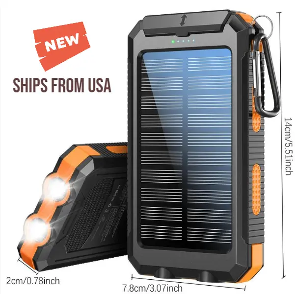 Outdoor Survival Solar Portable Charger 10000mAh, Dual USB Fast Output, Bright SOS Flashlight + Compass Carabiner, IP65 Water Dust Resistant Power Bank for Travel Backpacking