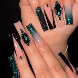 A19 Green Dark Rhinestone Press-On Nails Gem Diamond Ombré French Tip Glitter Nails Durable Long Long Lasting Manicure