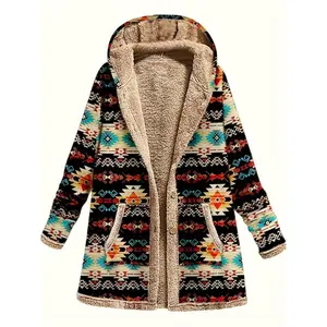 Geo Print Button Front Jacket, Casual Long Sleeve Hooded Jacket With Pockets, Suitable Fall And Winter, Women's