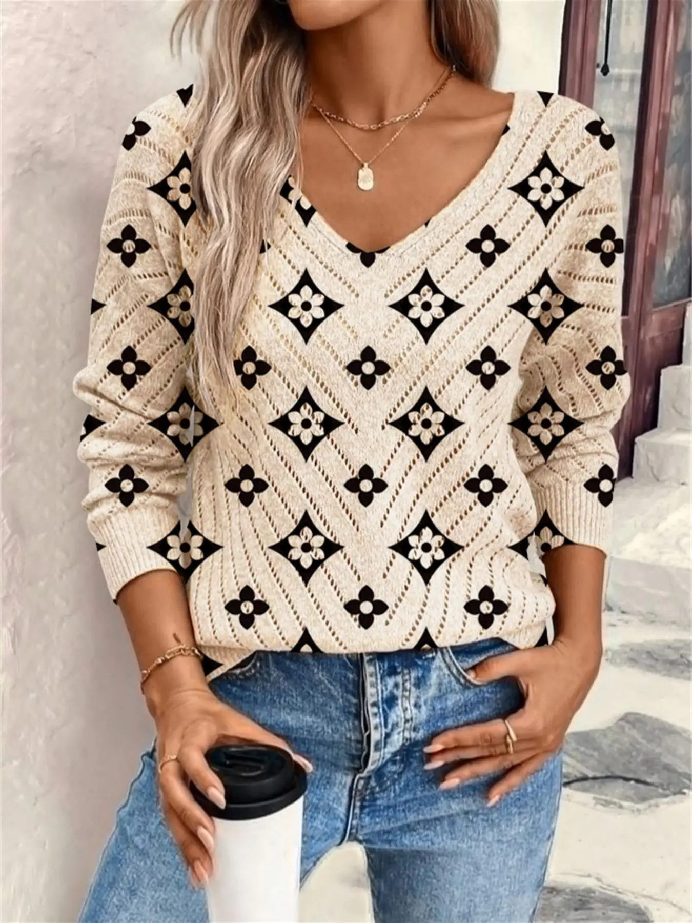 Women's Geometric Print Long Sleeve Knit Top, Casual Elegant Vacation Style Fashion Knitwear Sweater, Loose V Neck, Comfortable Warm, Fall Winter, Lightweight Knit Pullover, Knitwear