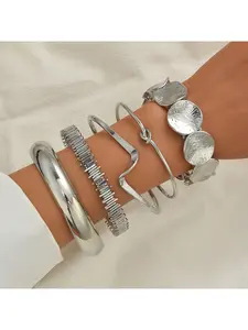 5-Piece Stackable Cuff Bangle Set, Hammered Disc & Knot Open Bangles, Irregular Wavy Metal Bracelets for Women