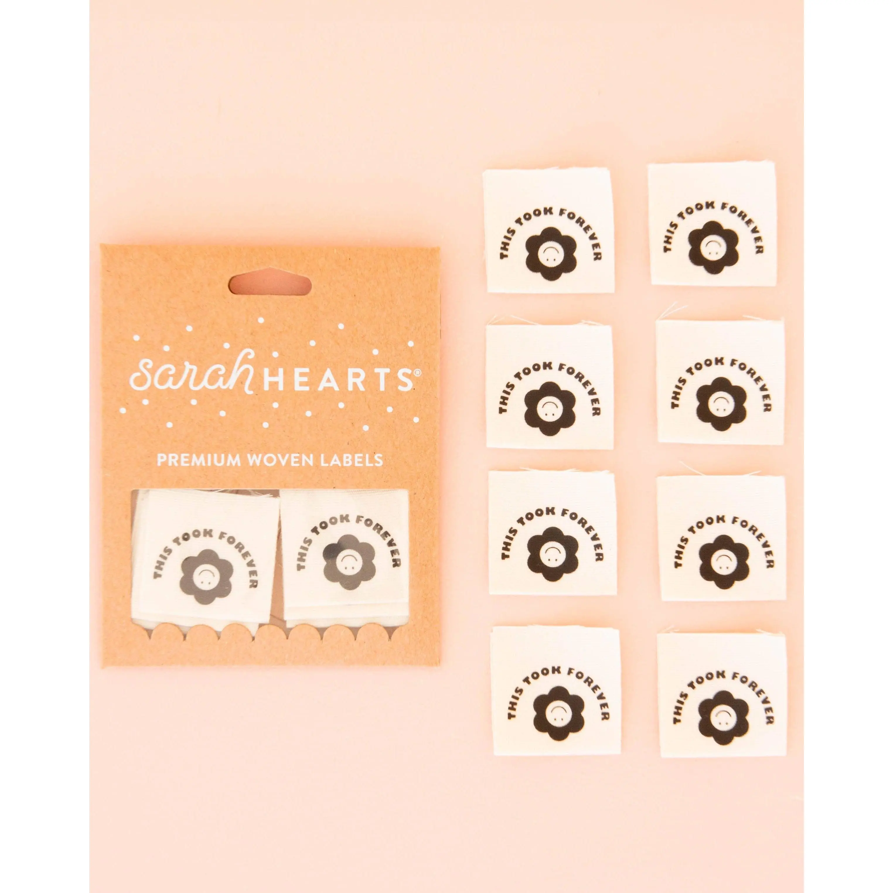 Flower "This Took Forever" Black and White Organic Cotton Sewing Labels - 3cm x 3cm
