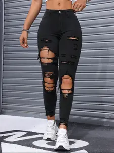 Women's Ripped Denim Jeans, High Waisted Stretchy Cone Cut Skinny Pants, Trendy Destroyed Design, Tight Fit, Street Style