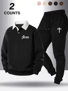Men's Jesus Faith Theme Casual Set, Loose Fit Polo Shirt & High-Quality Jogger Pants, Fleece Lined Warm Comfortable Two-Piece