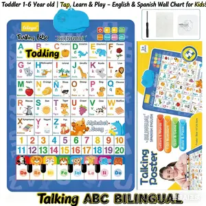 Bilingual Talking Wall Chart for Kids – English & Spanish Learning Poster with Songs, ABCs, Numbers, Animal words & Piano – Interactive Educational Toy for Toddlers 1-6 – No Screen, Battery Powered classroom use Alphabet Preschool