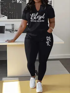 Plus Size Casual Loose Fit Solid Color  Letter  Two Piece Set, V Neck Short Sleeve Top And Long Pants Clothing, Women's Plus Size Clothing Womenswear Fashion Suits Simple Soft Sun Comfort ，Casual Wear Suitable For a Vacation