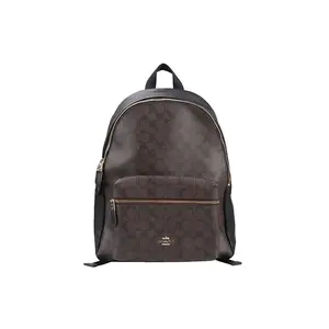 COACH Charlie 42 Monogram Backpack in Faux Leather, Large Size for Women with Zipper Closure in Dark Brown