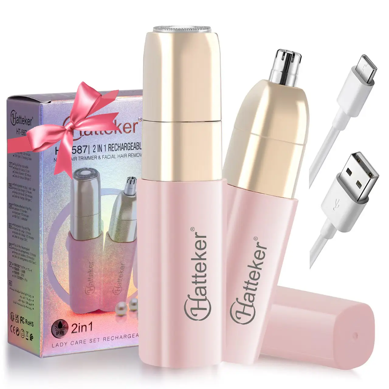 2-in-1 electric hair remover, facial hair trimmer, electric eyebrow trimmer, women's epilator, compact and portable, waterproof, rechargeable