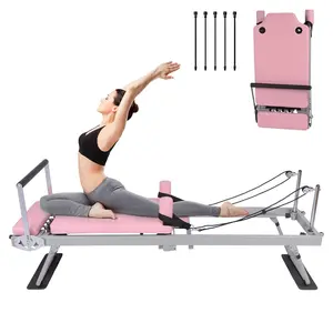 Pilates Reformer Machine Equipment Pink ,Foldable Home Reformer Pilates with Resistance Cords for Workout,Paeta Pilates Reformer
