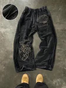 Men's Casual Loose Cotton Sport Pants, Geometric Print, Drawstring Waist, Long Regular Fit, Street Style, All Seasons, Ideal Gift
