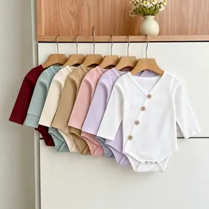 Baby Romper, Solid Color Ribbed Long Sleeve V-Neck Decor Buttons Outfit, Button Closure  Jumpsuit, 0-24 Months