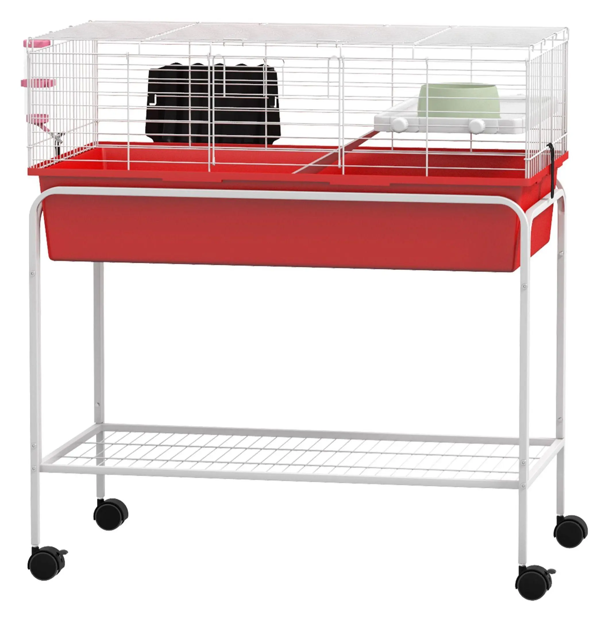 Small Animal Cage with Stand & Wheels, 33x18.5x35 Inch Red Habitat for Guinea Pigs, Chinchillas, Hedgehogs - 2-Story Removable Cage