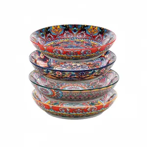 4-Piece Ceramic Pasta Bowl Set, 8 inches Bohemian Pattern Shallow Serving Bowls for Salad, Pasta, Soup, Snacks, Dessert
