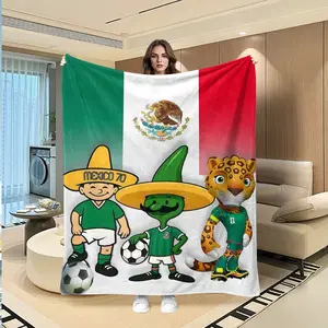 Mexican Football Culture Cartoon Blanket, Flag Pattern, World Cup Mascots, Patriotic Design, Soft Flannel Material