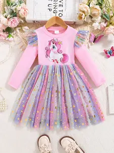 Girls' Spring & Fall New Leaf Shoulder Long Sleeve Dress, Cute Unicorn Print Princess Dress, Fashion Casual Ruffled Shoulders