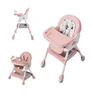 Adjustable 3-in-1 Baby High Chair, Foldable Convertible Toddler Dining Chair with Lockable Wheels, Removable Double Tray & Storage Basket