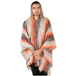 Premium Alpaca Wool Poncho – Western Hooded Cape for Men & Women – 70% Alpaca, Soft & Warm Mexican Poncho - White & Brown Design