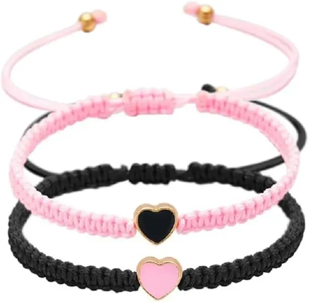 Unisex 2-Piece Matching Colorful Geometric Heart Beaded Bracelets - Genuine Nylon Rope Braided, Adjustable 7-11 Inches Rope Stretch Wrist Bangles, Handmade Romance Bang Gifts for Couples, Valentine’s Pinky Promise Beaches Yes Gifts