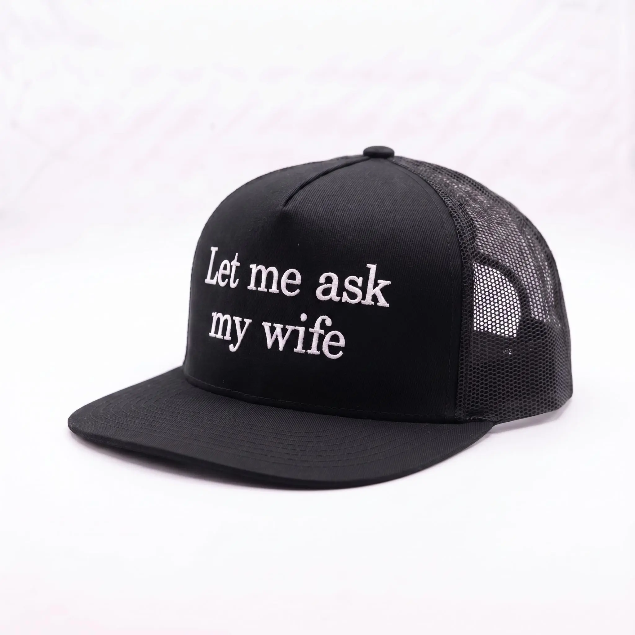 Classic Flat-Brim Trucker Hat for Men & Women with "Let Me Ask My Wife" Embroidery, Lightweight Everyday Fashion Accessory with Elasticity, Do Not Wash, Adjustable, Baseball Cap, Casual, Daily, Uplifting Text Graphic Hats, High-Quality Embroidered Design,