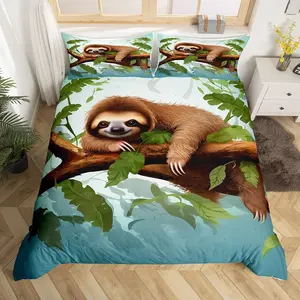 Feelyou Tropical Palm Leaf & Sloth Print Duvet Cover Set - Breathable Microfiber Bedroom Bedding Set, Decorative Duvet Cover with Zipper Closure, No Comforter, Breathable Duvet Set