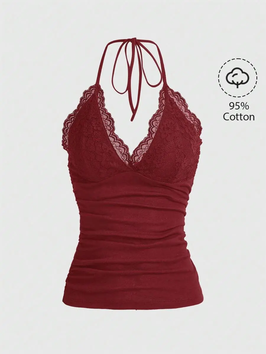 PUNK Contrast Lace Ruched Halter Top