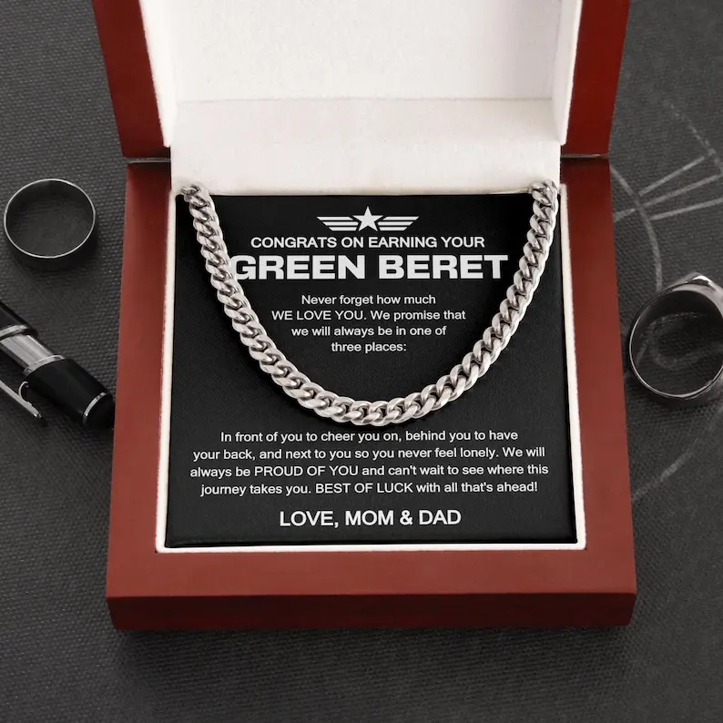 Army Green Beret Qualification Necklace, Army Special Forces Qualification, Army Earning Green Beret Cuban Gift From Mom and Dad
