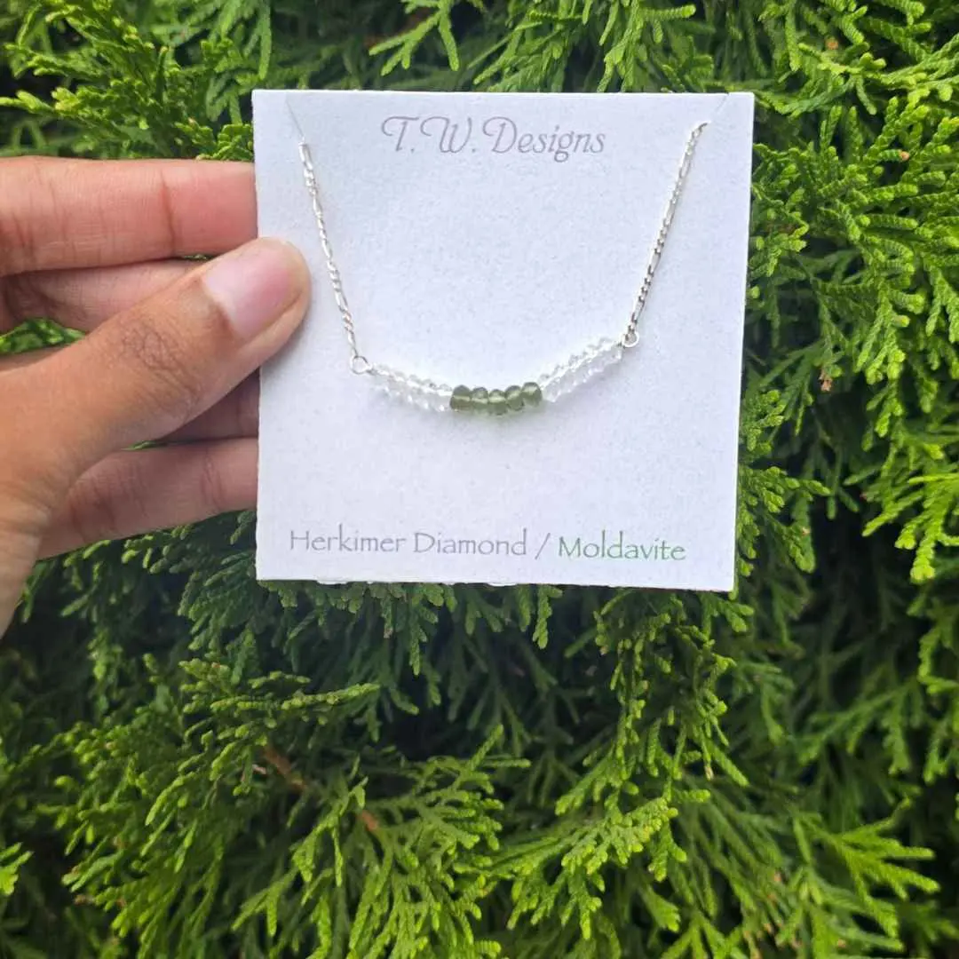 Natural Herkimer Diamond, Moldavite Bead Necklace