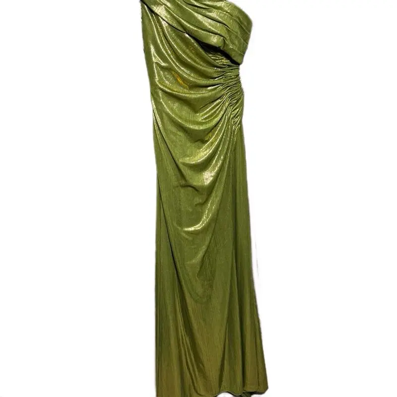 Ieena for Mac Duggal Apple Green Off Shoulder Dress - Elegant Evening Gown with Ruched Detail and Flattering Silhouette